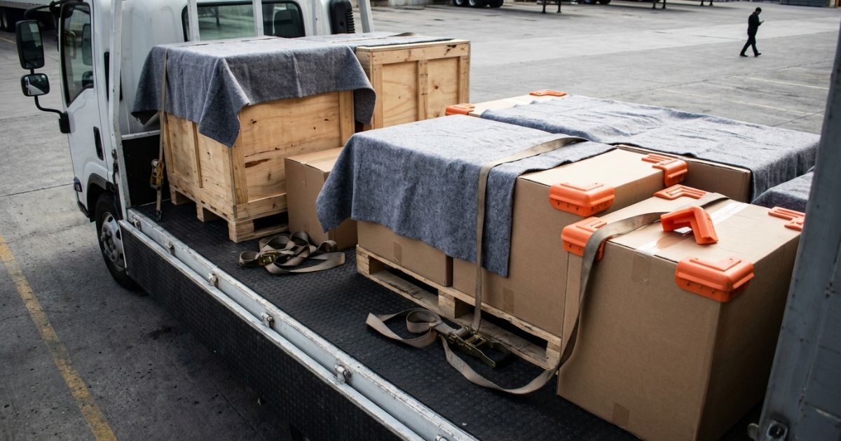 トラック荷台で角当てと毛布と滑り止めを準備して養生設計している現場の写真