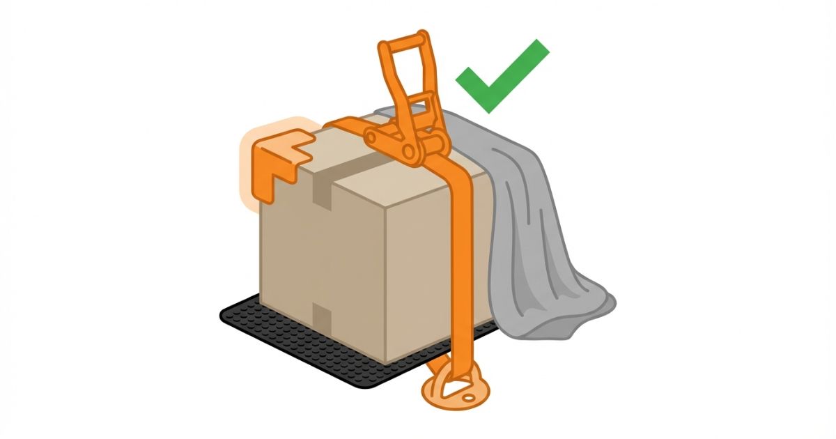 角当ては角、毛布は面、滑り止めはズレ防止として固縛と併用する判断軸を示す図解