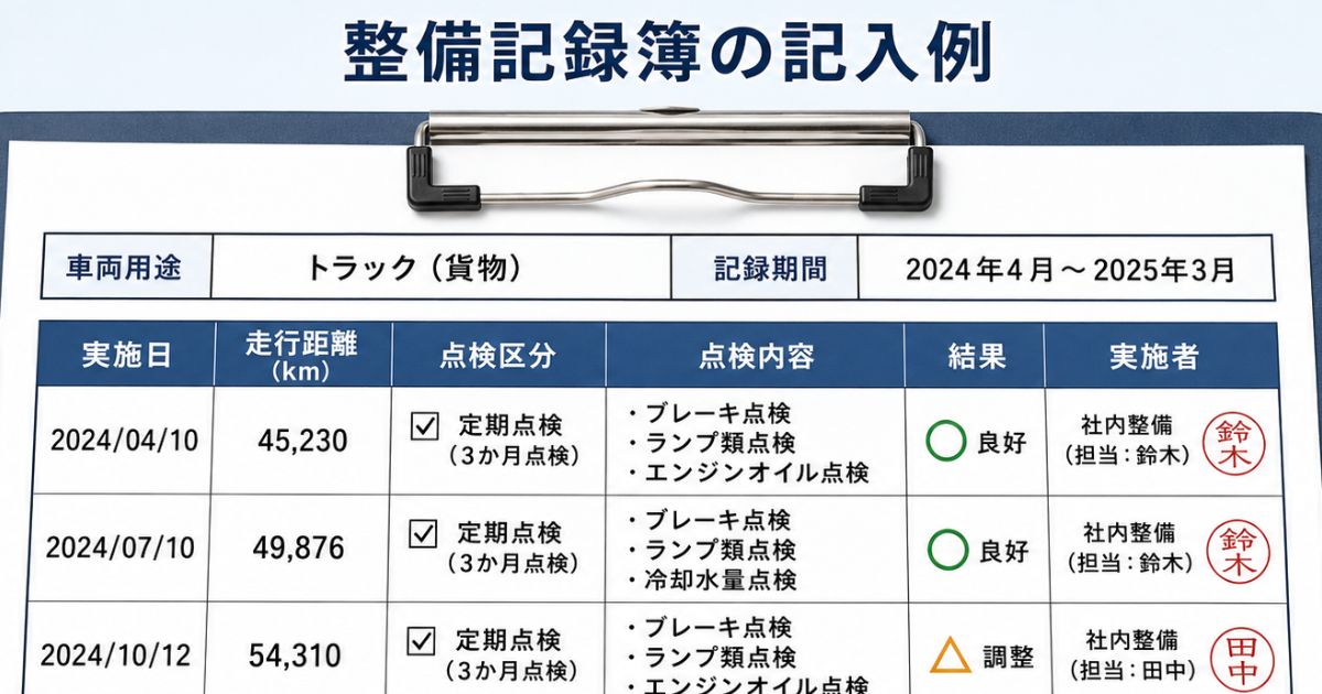 整備記録簿の記入例として実施日や走行距離や点検結果を整理した表の図解1