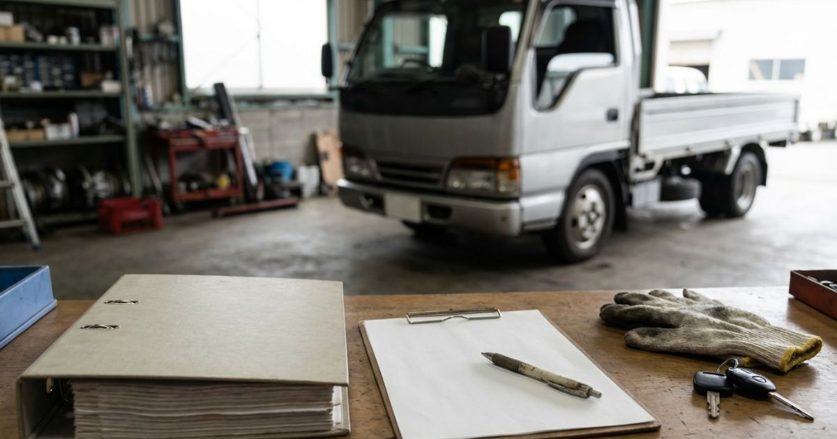 整備記録簿を保管・管理する机上と小型トラックの現場イメージ写真
