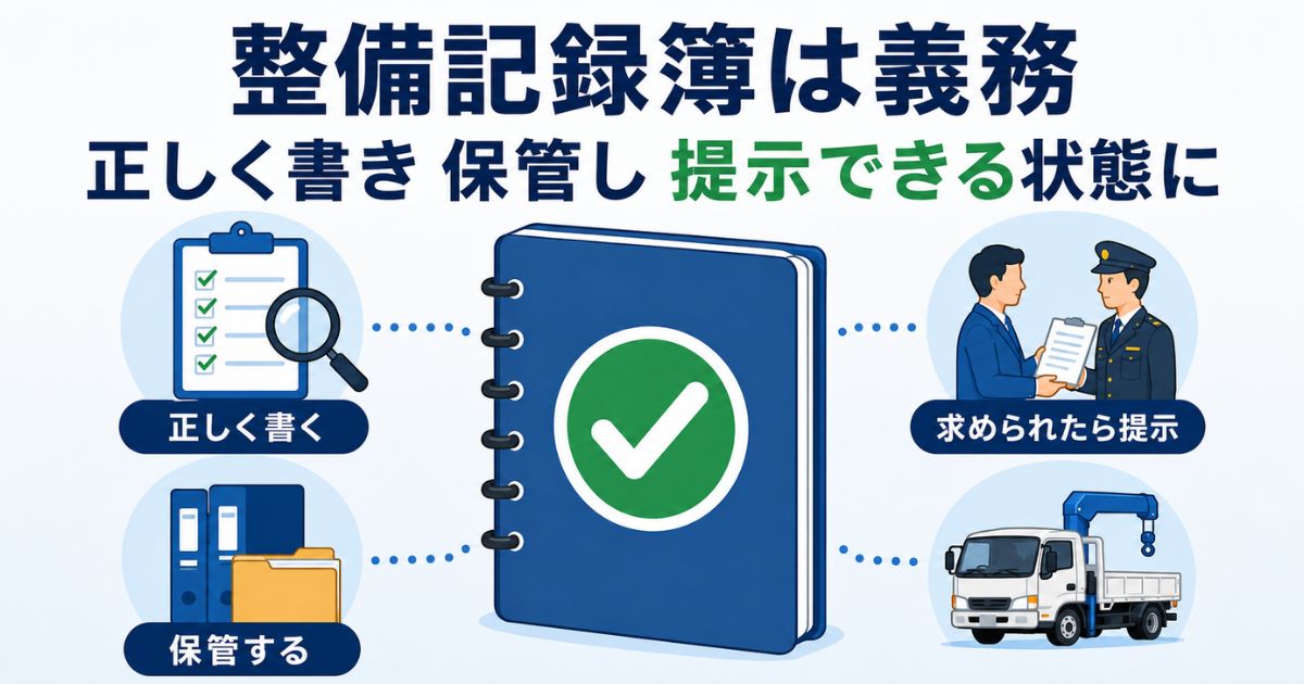 整備記録簿を正しく書き保管し求められたら提示できる状態にすることを示す図解