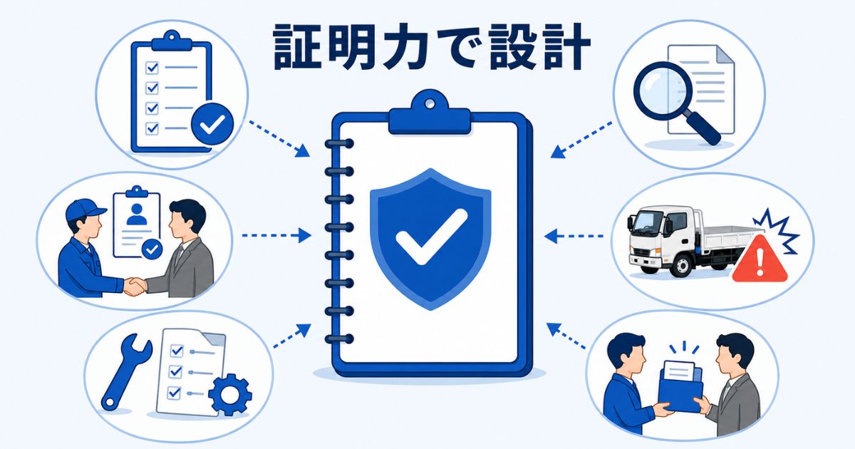 監査や事故対応に備えて整備記録簿を証明力で設計する考え方を示す図解