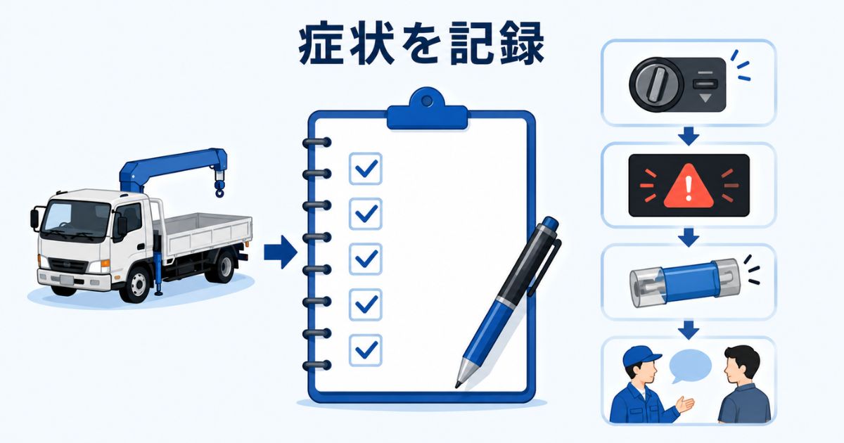 PTO不具合時に症状や確認内容を整備記録簿へ残す流れを示す図解