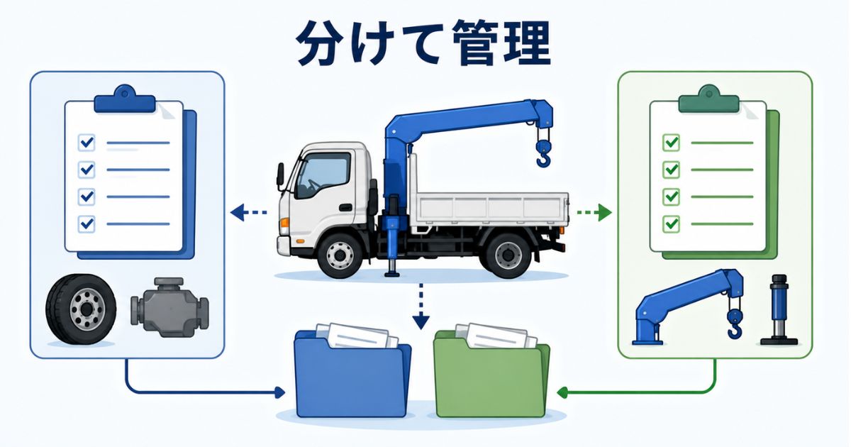ユニック車の車両側とクレーン装置側の記録を分けて管理する図解