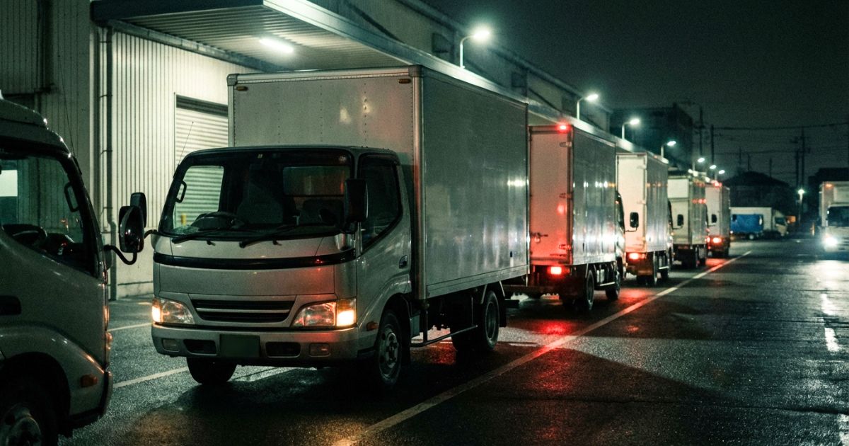 深夜の物流拠点でトラックが列を作って待機する0時待ちの雰囲気写真