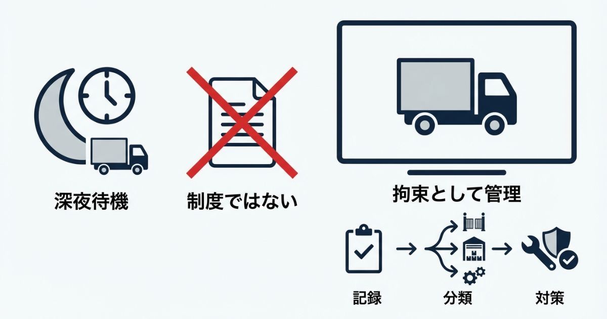 0時待ちは制度ではなく拘束として管理し記録と分類で減らす考え方の文字なし図解