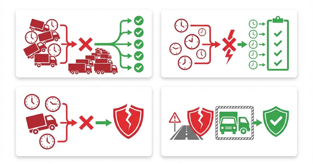 原因混同や記録不備や不適切待機の失敗例と改善分岐を示す文字なし図解