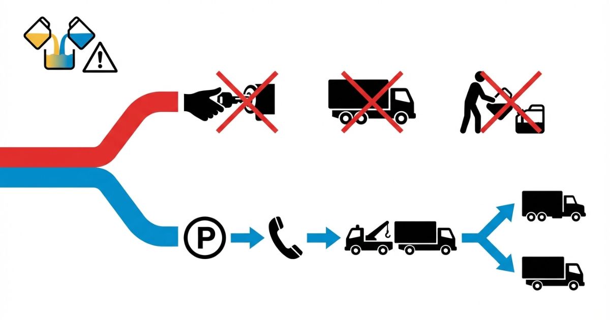 誤給油時に始動や走行を避け停止と連絡手配へ分岐する初動フローの図解