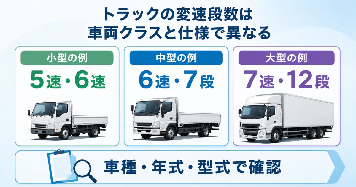 小型・中型・大型トラックの変速段数の代表例と車種・年式・型式による違いを示す