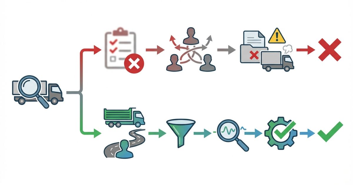 運用条件未固定や中古確認不足などの失敗例と回避策の分岐を示す図解