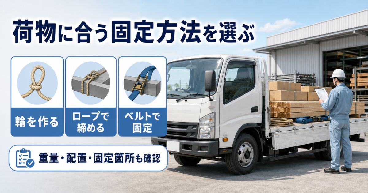平ボディトラックの荷物を確認し、輪・ロープ・ベルトから固定方法を選ぶ場面