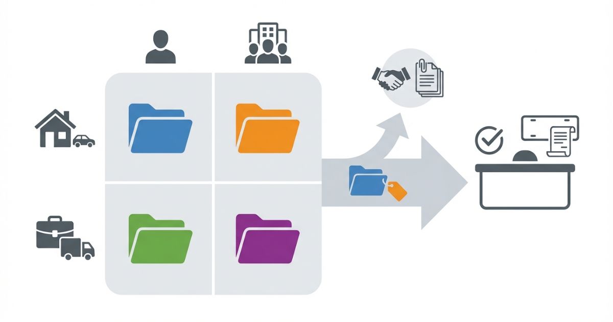  使用区分と名義区分で必要書類を確定して手続きへ進む判断軸を示す文字なし図解