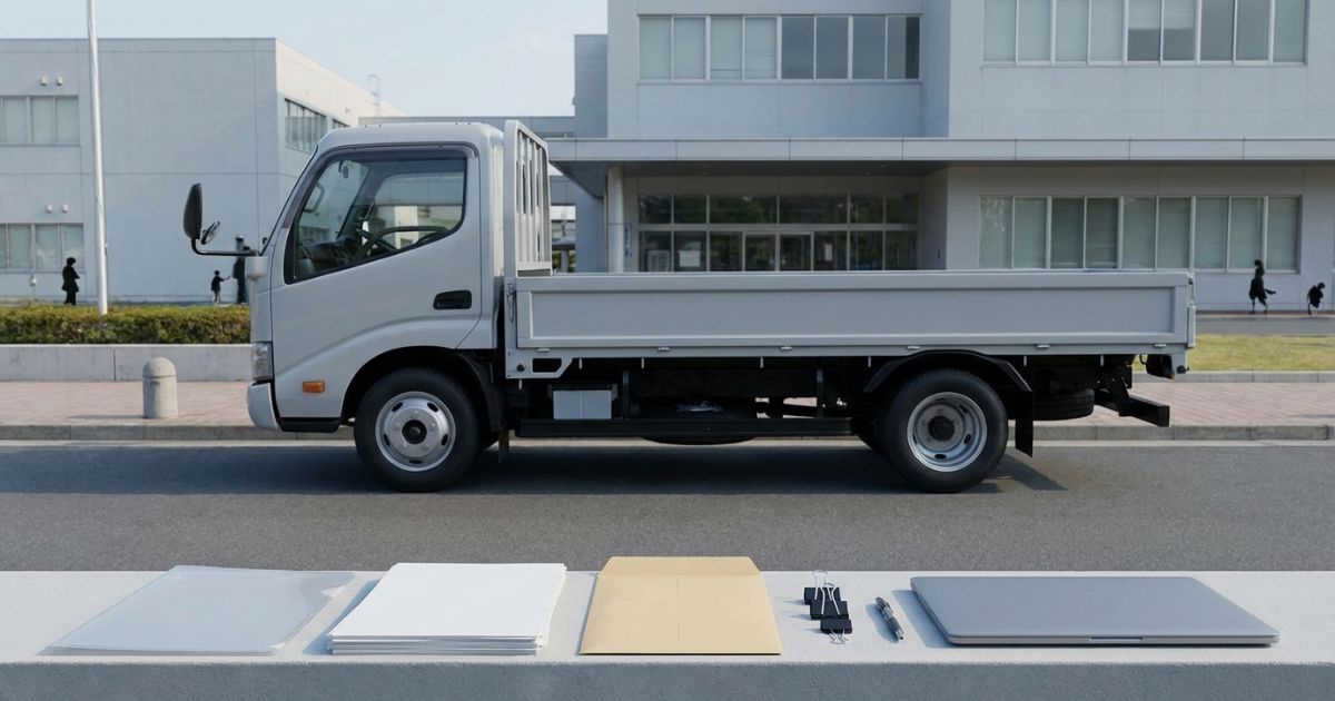 トラックの名義変更に向けて書類準備をしている雰囲気が伝わる写真風画像