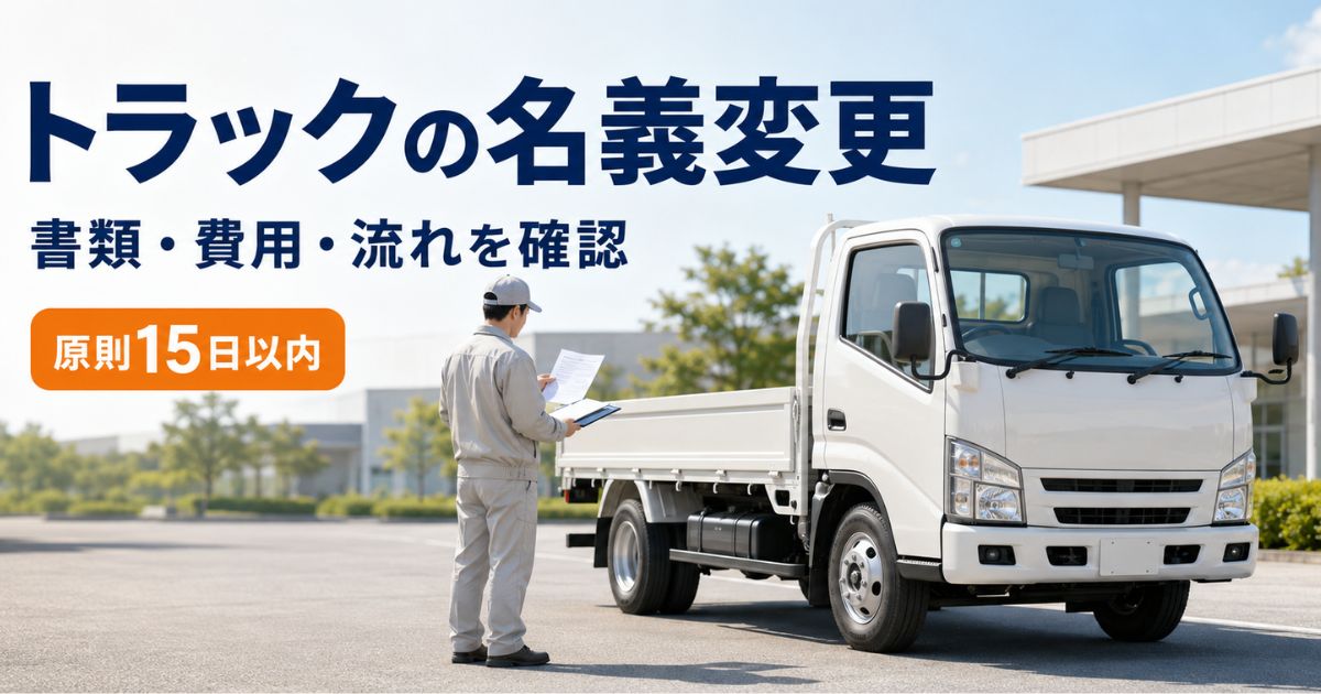 トラックのそばで車検証と必要書類を確認し、名義変更の期限や手続き内容を整理する作業担当者