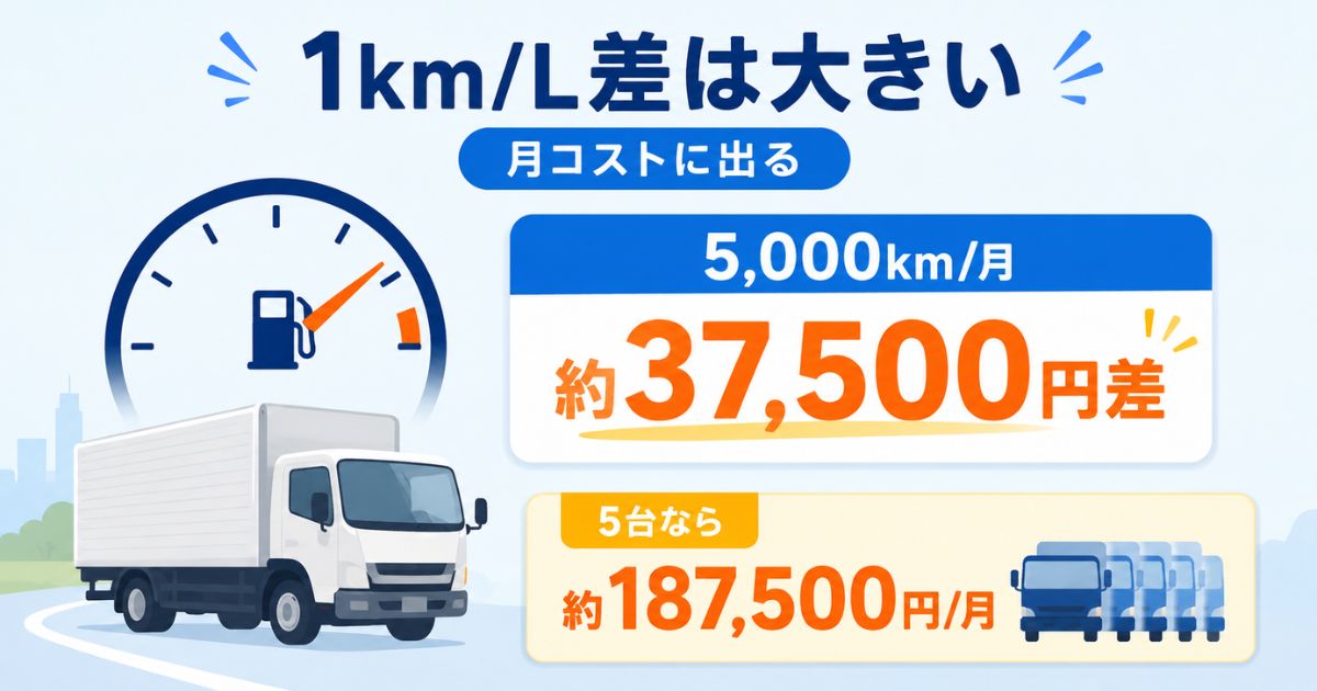 トラック燃費が1kmL違うと月間走行距離と台数で燃料費差が大きくなる数値カード図解