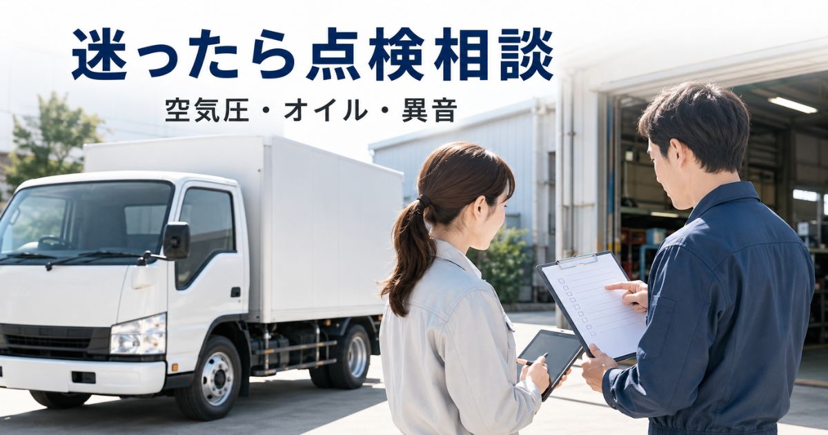 トラック燃費悪化時に空気圧やオイルや異音を記録して整備担当者へ相談する写真風画像