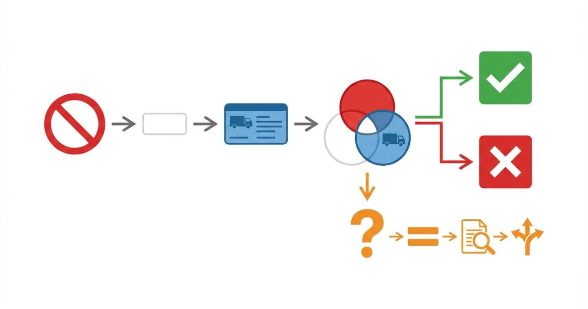 標識→補助標識→自車区分を照合して通行可否を判断する流れの図解
