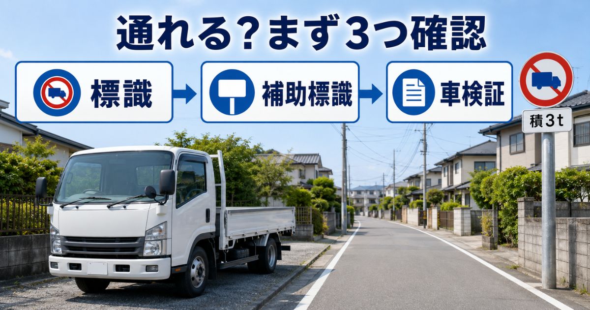 トラック通行禁止標識の前で標識・補助標識・車検証の3点を確認する流れ