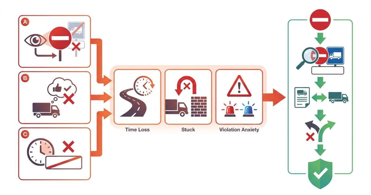 補助標識の見落としや思い込みによる失敗リスクと回避行動を示す図解