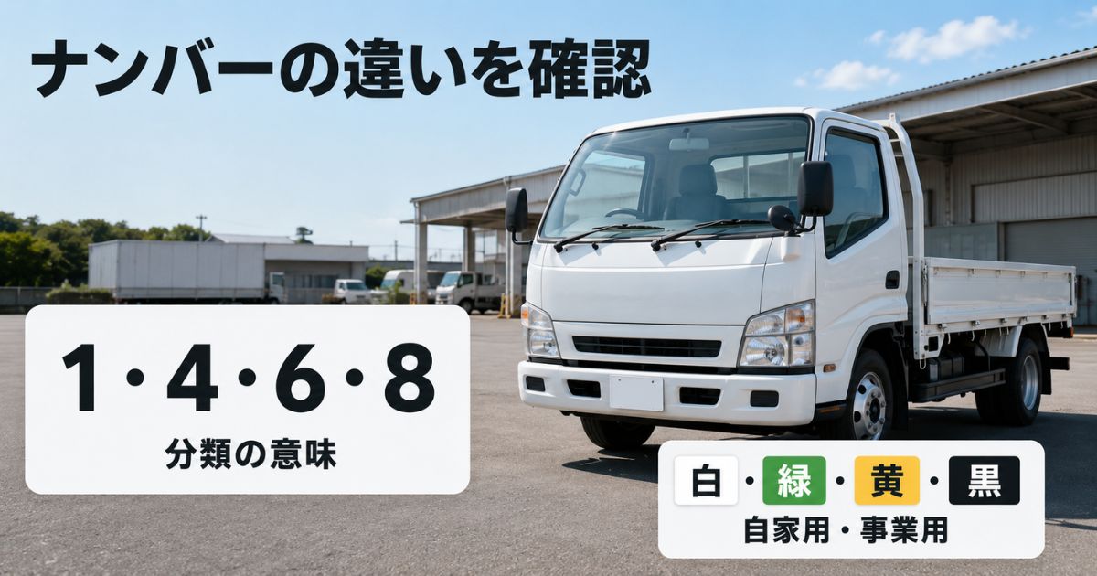 日本の車両置き場でトラックの1・4・6・8ナンバーと白・緑・黄・黒の違いを確認する構成