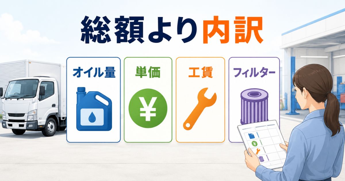 トラックのオイル交換費用を総額ではなくオイル量・単価・工賃・フィルター代で分けて確認するアイキャッチ画像