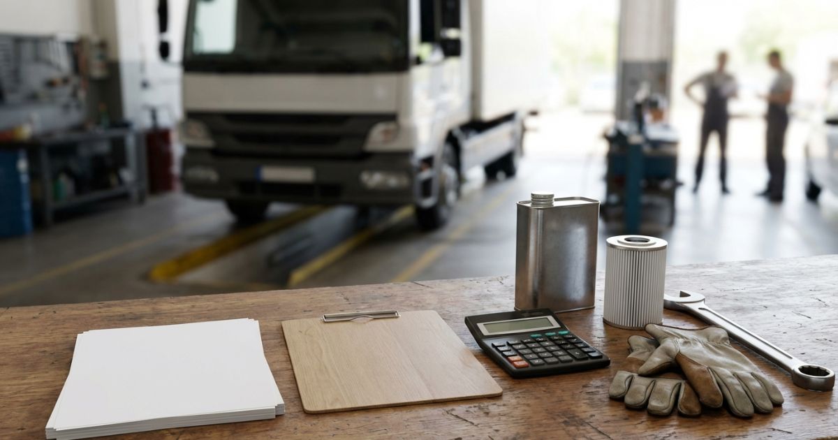 トラックのオイル交換費用の見積確認を連想させる整備工場デスクの写真