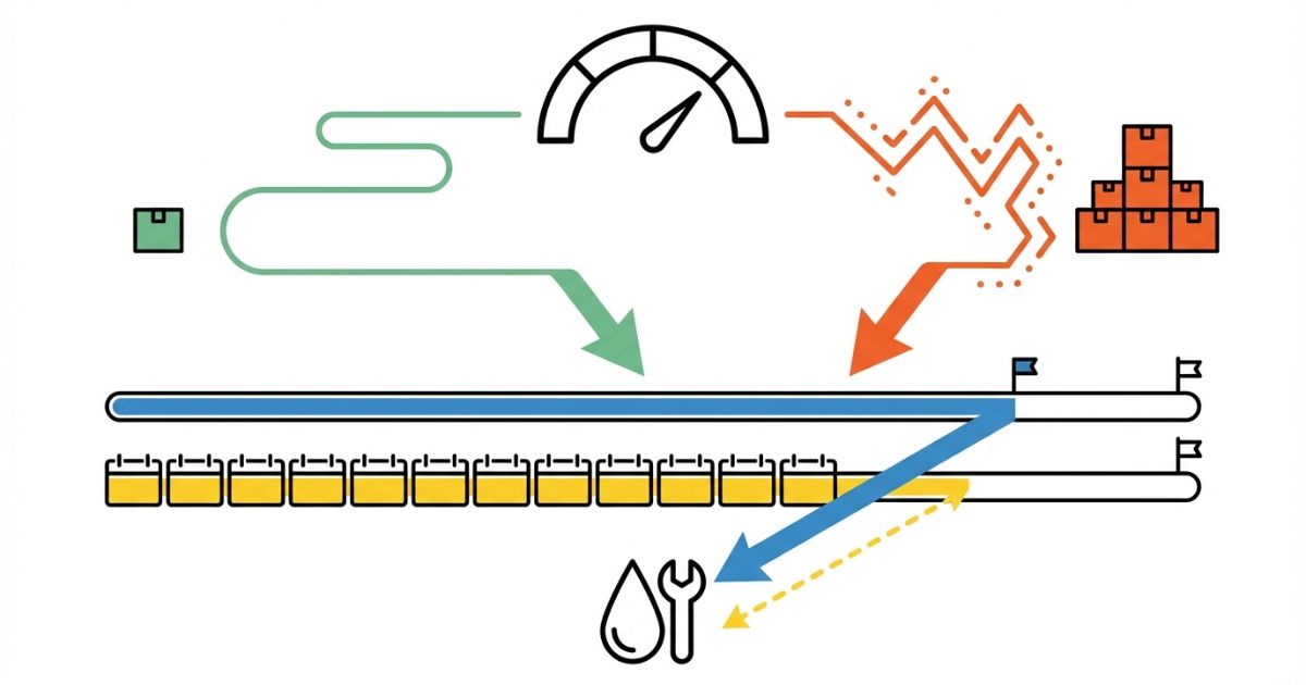 距離目安と走行条件・期間で交換時期を分岐する判断軸の文字なし図解