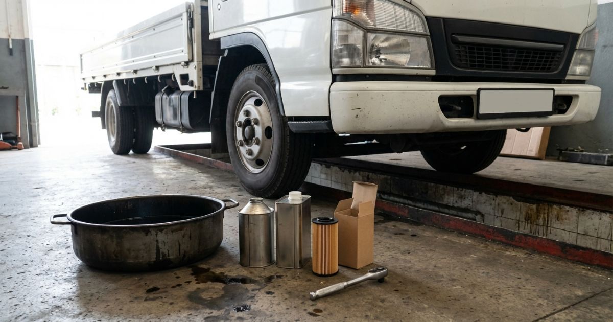 トラックのオイル交換作業を連想させる工具とオイル受け皿の現場写真