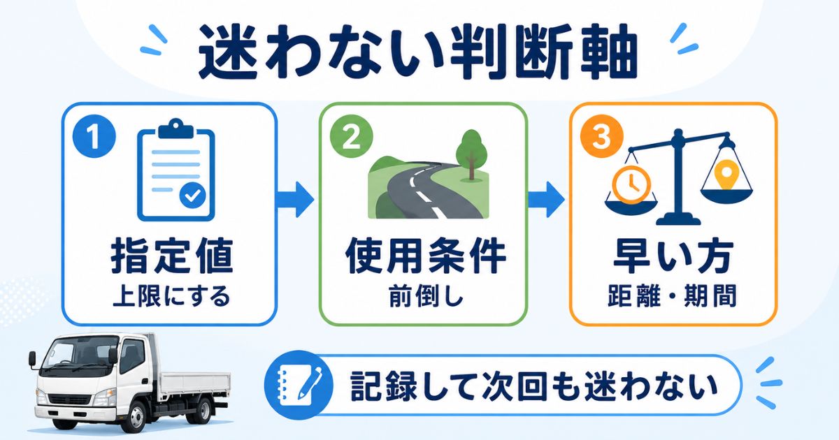 メーカー推奨を上限に使用条件で前倒しし早い方で交換する判断フロー図