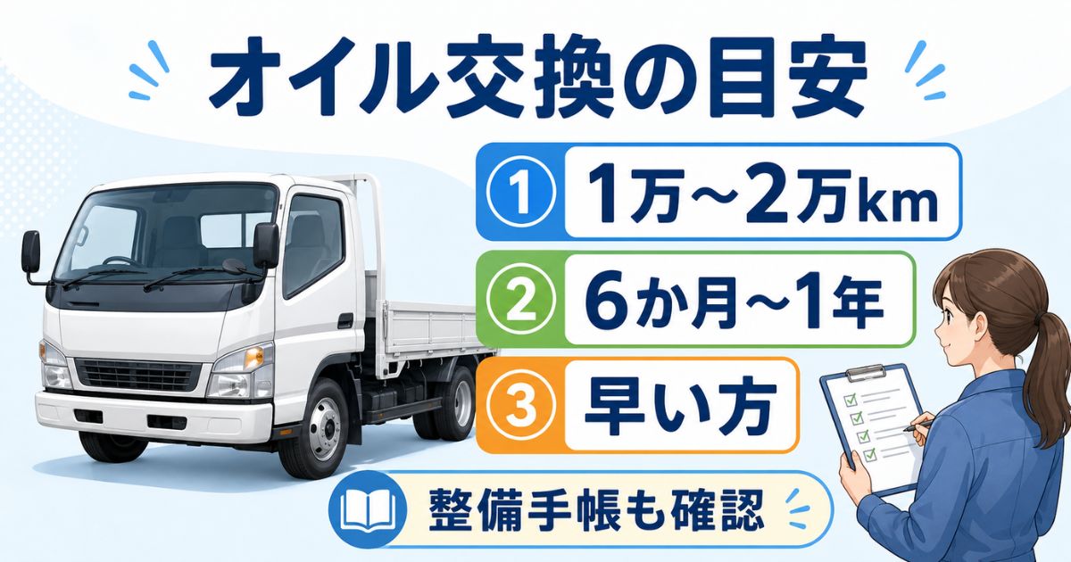 トラックのオイル交換頻度は1万〜2万kmまたは6か月〜1年の早い方で確認する目安図