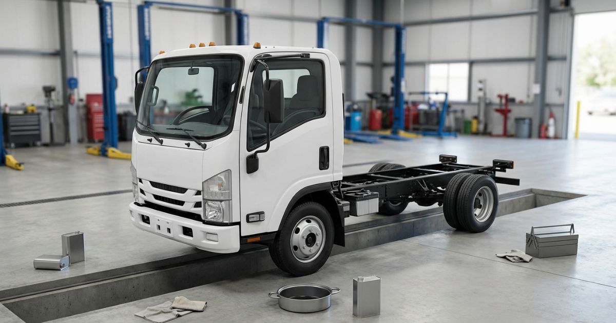 整備スペースに停車した小型トラックとオイル管理用品の写真