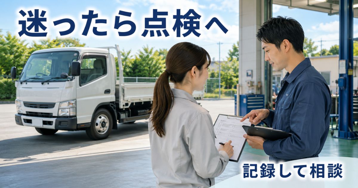 トラックのオイル交換で迷ったときに点検記録を持って整備工場へ相談する様子