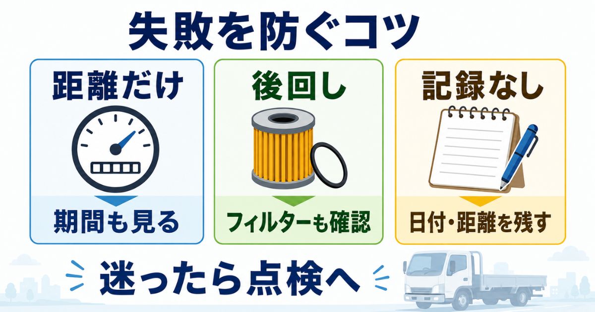 距離だけ判断や記録不足などの失敗と回避策を対比した図解