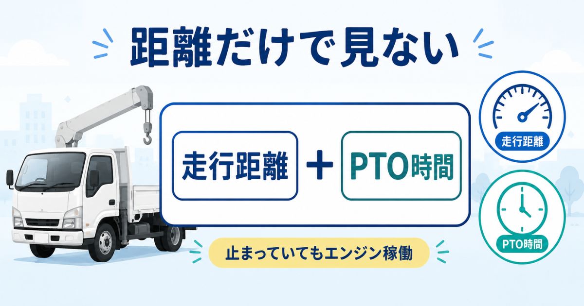 PTO付きユニック車は走行距離にPTO稼働時間も加えてオイル交換時期を考える図解