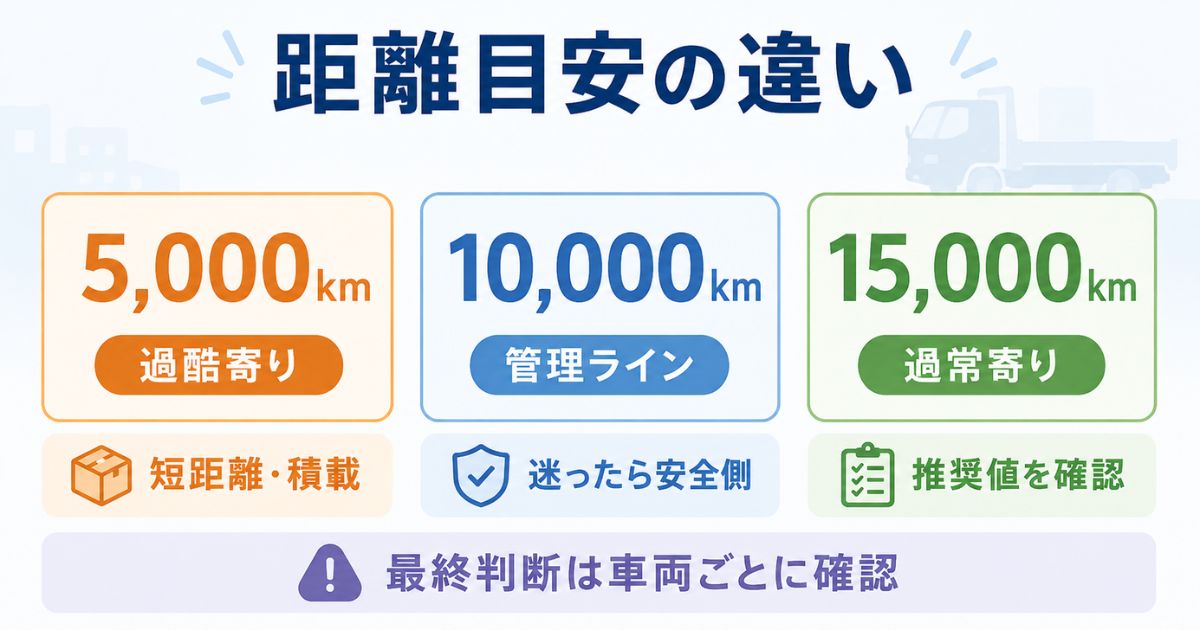5,000km・10,000km・15,000kmのオイル交換距離目安を比較する数値カード図