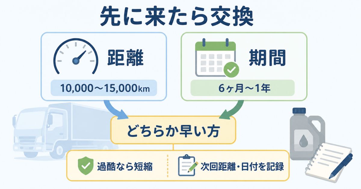 走行距離と経過期間のどちらか早い方でオイル交換を判断する管理フロー図