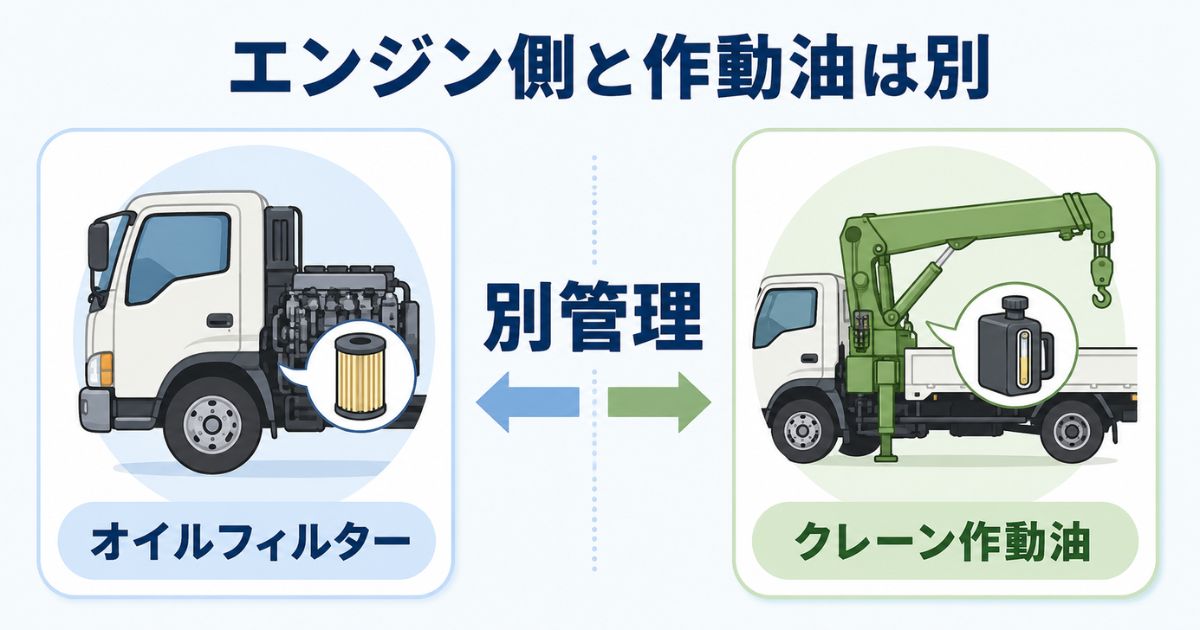 エンジンオイルフィルターとクレーン作動油は別管理であることを示す図解