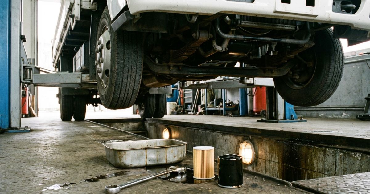 トラックのオイルフィルター交換作業を連想させる整備ピットの写真