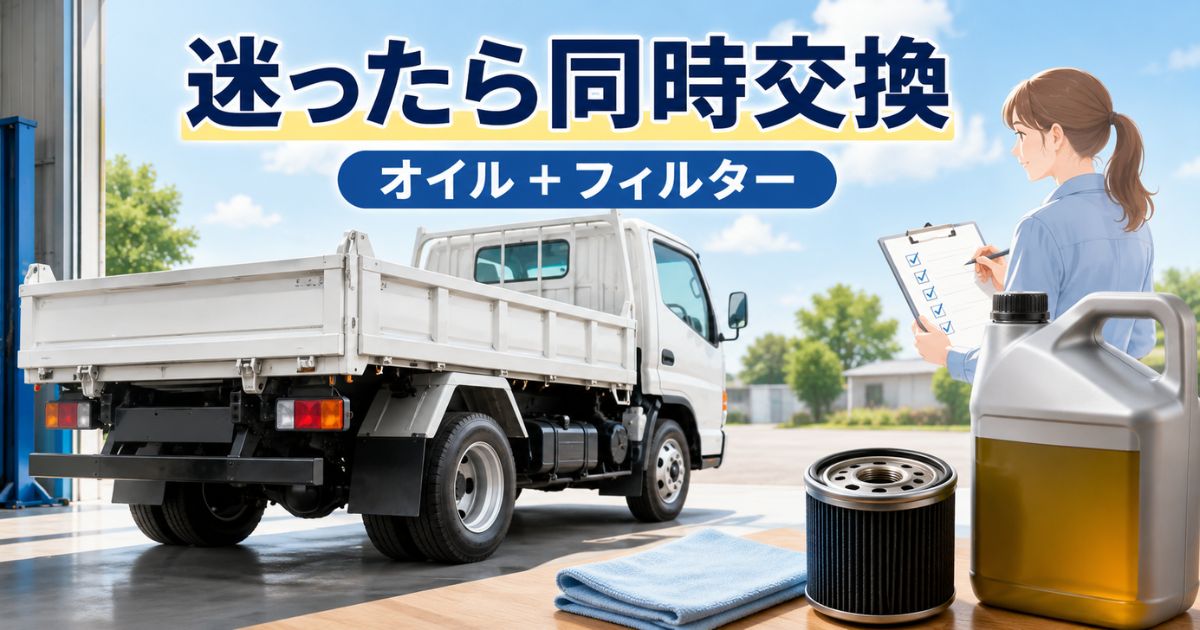 トラックのオイル交換とオイルフィルター同時交換の判断を示すアイキャッチ画像