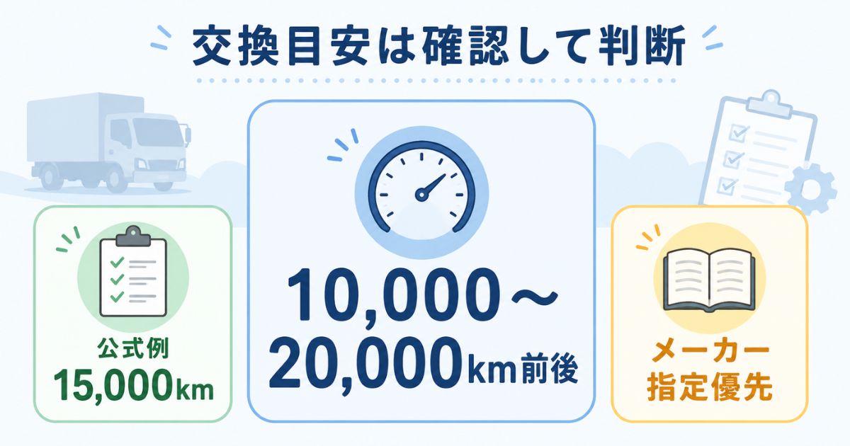 トラックのオイルフィルター交換目安とメーカー指定優先を示す数値カード図解