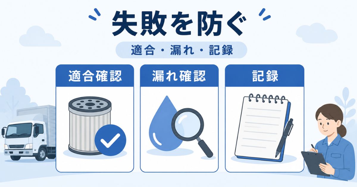 オイルフィルター交換時の適合確認と漏れ確認と記録の重要性を示す図解