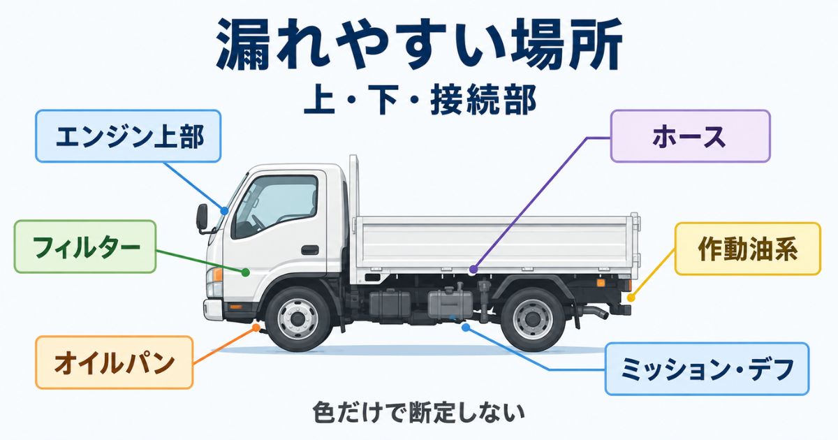 トラックのオイル漏れが起きやすいエンジン上部やフィルターやオイルパンなどの箇所を示す図解
