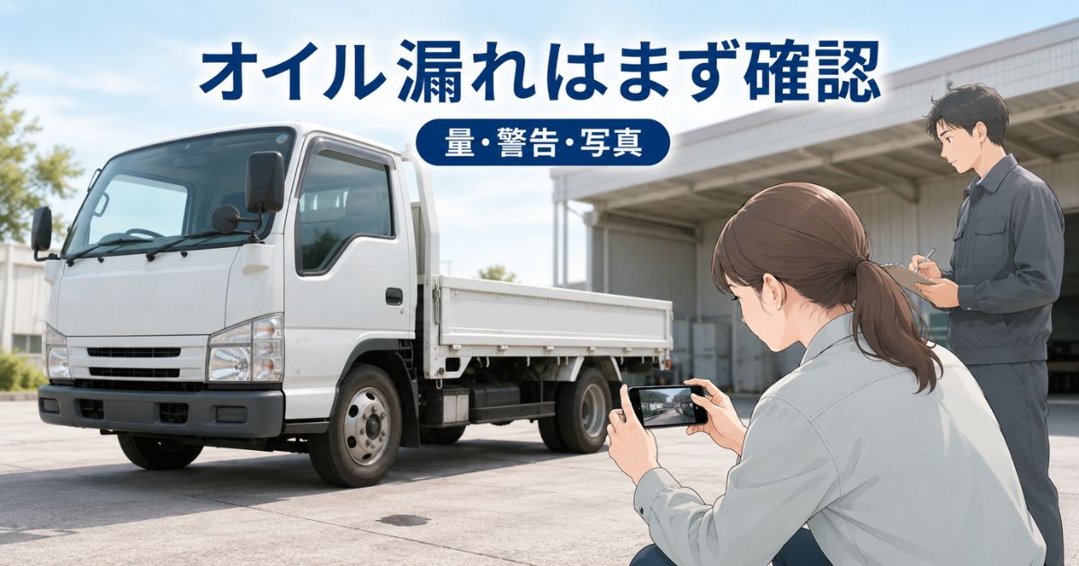 トラックのオイル漏れを見つけたときにシミを記録して整備担当者へ相談する様子