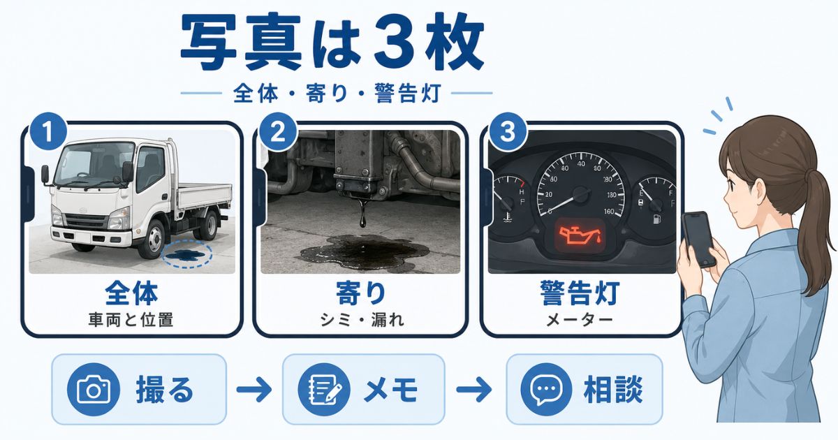 トラックのオイル漏れを整備工場へ伝えるために全体写真と寄り写真と警告灯写真を残す流れ