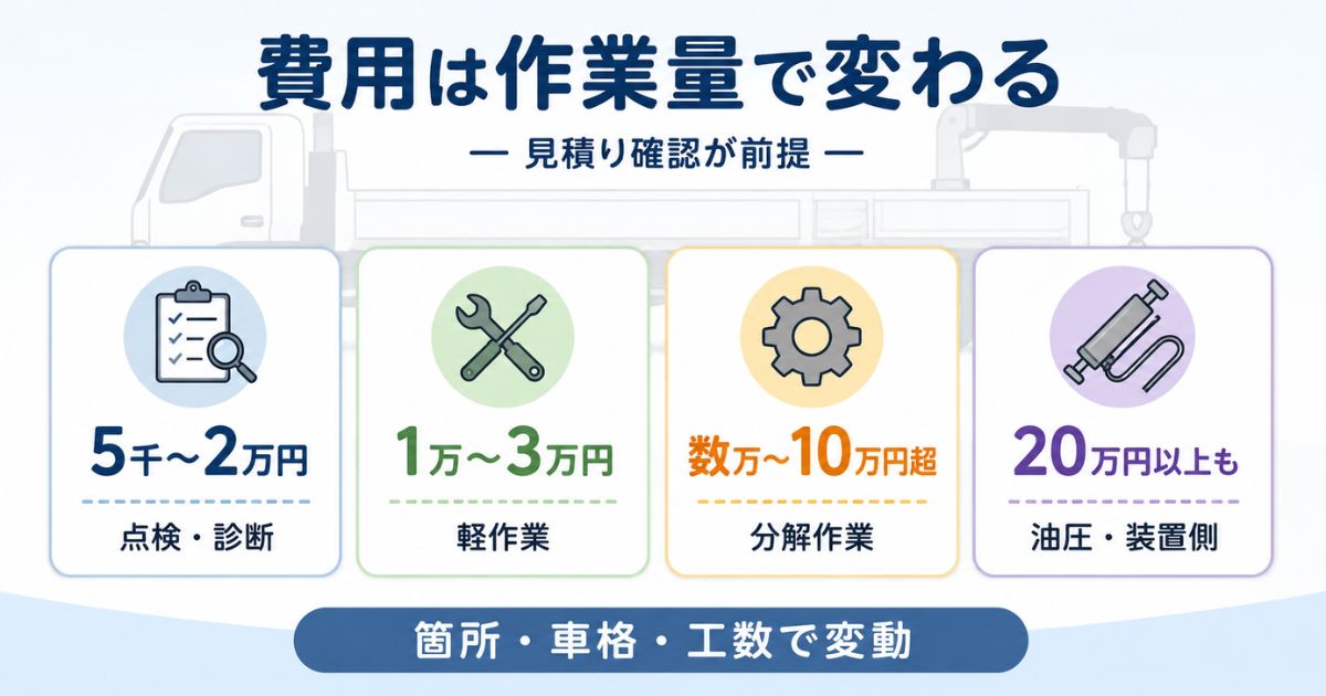 トラックのオイル漏れ修理費が点検や軽作業や分解作業で変わることを示す数値カード図解