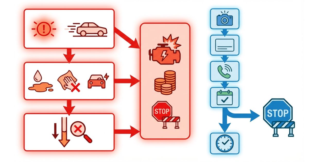 漏れの量と走行への影響で止めるか様子を見るかを分ける判断軸を示す文字なし図解