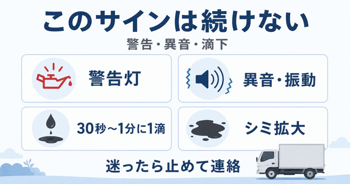 トラックのオイル漏れで運行継続を避けるべき警告灯や異音や滴下のサインを示す図解