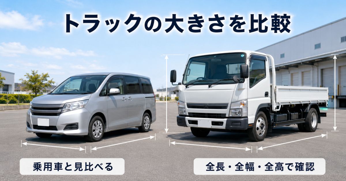 乗用ミニバンと小型2t平ボディトラックを並べ、全長・全幅・全高で大きさを確認する考え方を示した構成