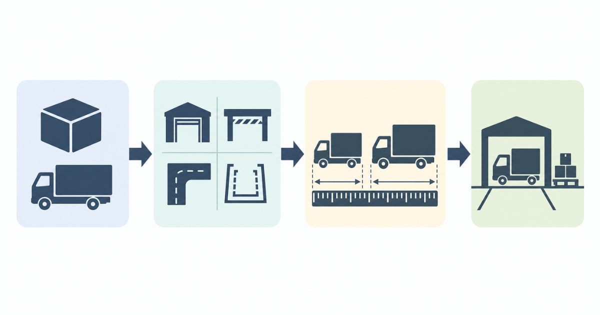 トラックの大きさを用途・制約条件・寸法照合・可否判断の順に整理する図解