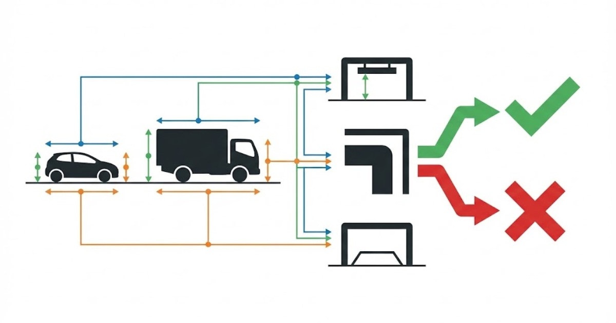 乗用車比較で感覚を作り全長・全幅・全高を制約条件に当てはめて判定する流れの図解
